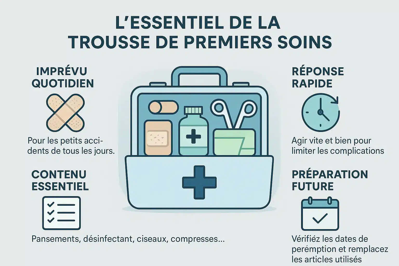 Composition essentielle d'une trousse de premiers soins avec pansements, compresses et couverture de survie