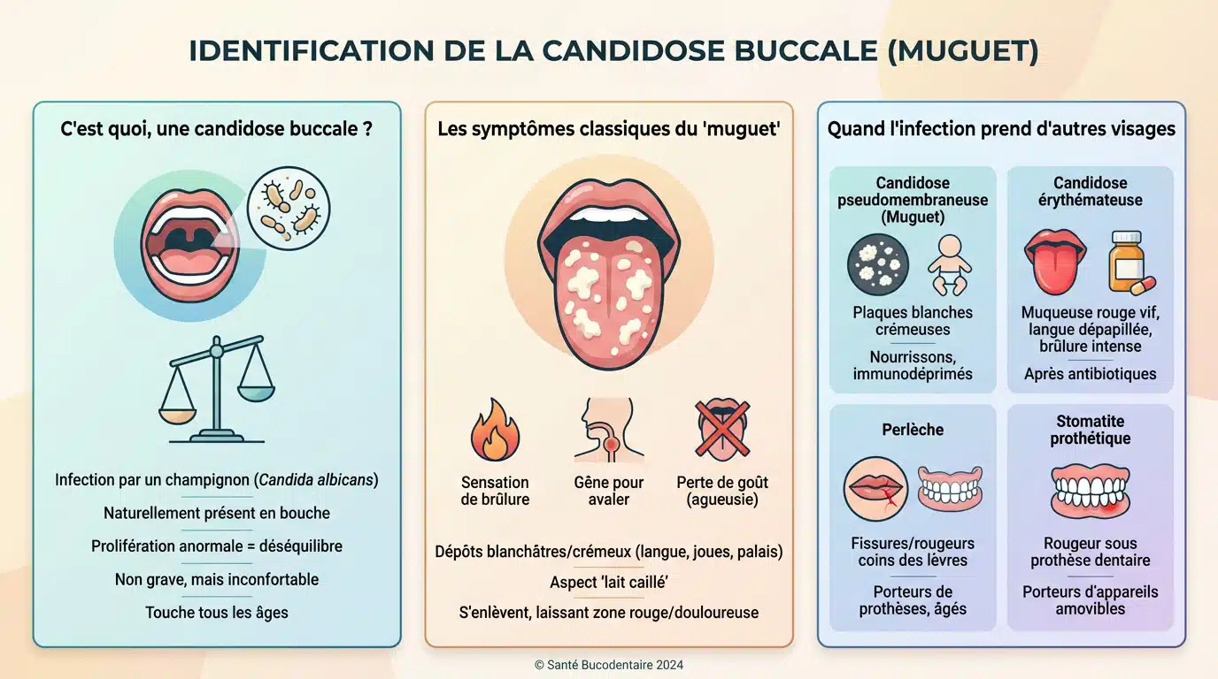 Bouche ouverte montrant des dépôts blanchâtres caractéristiques d'une mycose buccale sur la langue