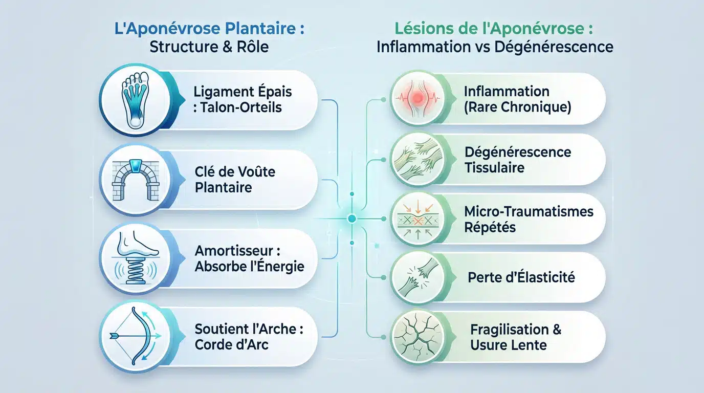 Schéma anatomique de l'aponévrose plantaire montrant la zone d'inflammation au niveau du talon