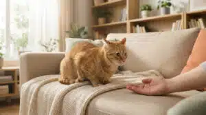 A ginger tabby cat with cautious eyes and lowered ears sits on a sofa, facing a human hand gently offered. Cozy home interior.