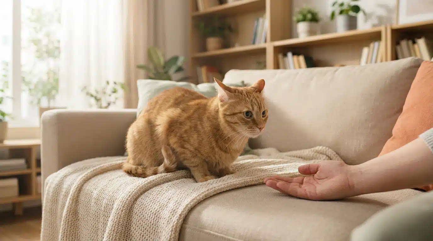A ginger tabby cat with cautious eyes and lowered ears sits on a sofa, facing a human hand gently offered. Cozy home interior.