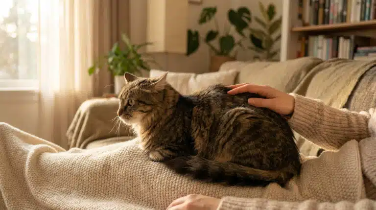 A tabby cat with slightly flattened ears is gently stroked by a hand in a cozy, sunlit living room, conveying comfort and empathy.