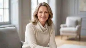 Portrait of a confident woman, 45-55, with a serene smile, healthy skin, and elegant attire in a chic, blurred interior.