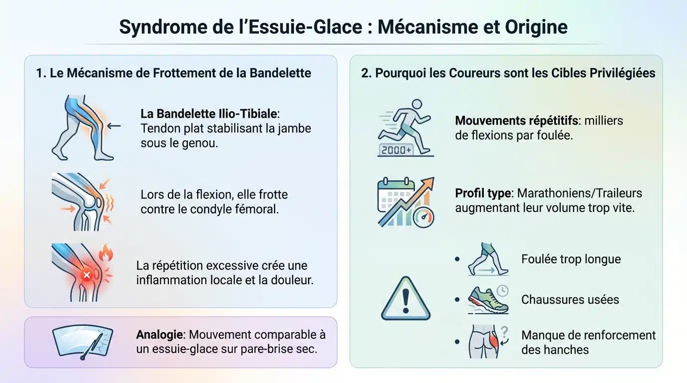 Schéma anatomique du syndrome de l'essuie-glace montrant le conflit entre la bandelette ilio-tibiale et le condyle fémoral