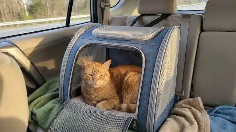 Ginger cat calmly resting in a blue travel carrier on a car backseat. Warm light highlights its fur, suggesting a peaceful journey.