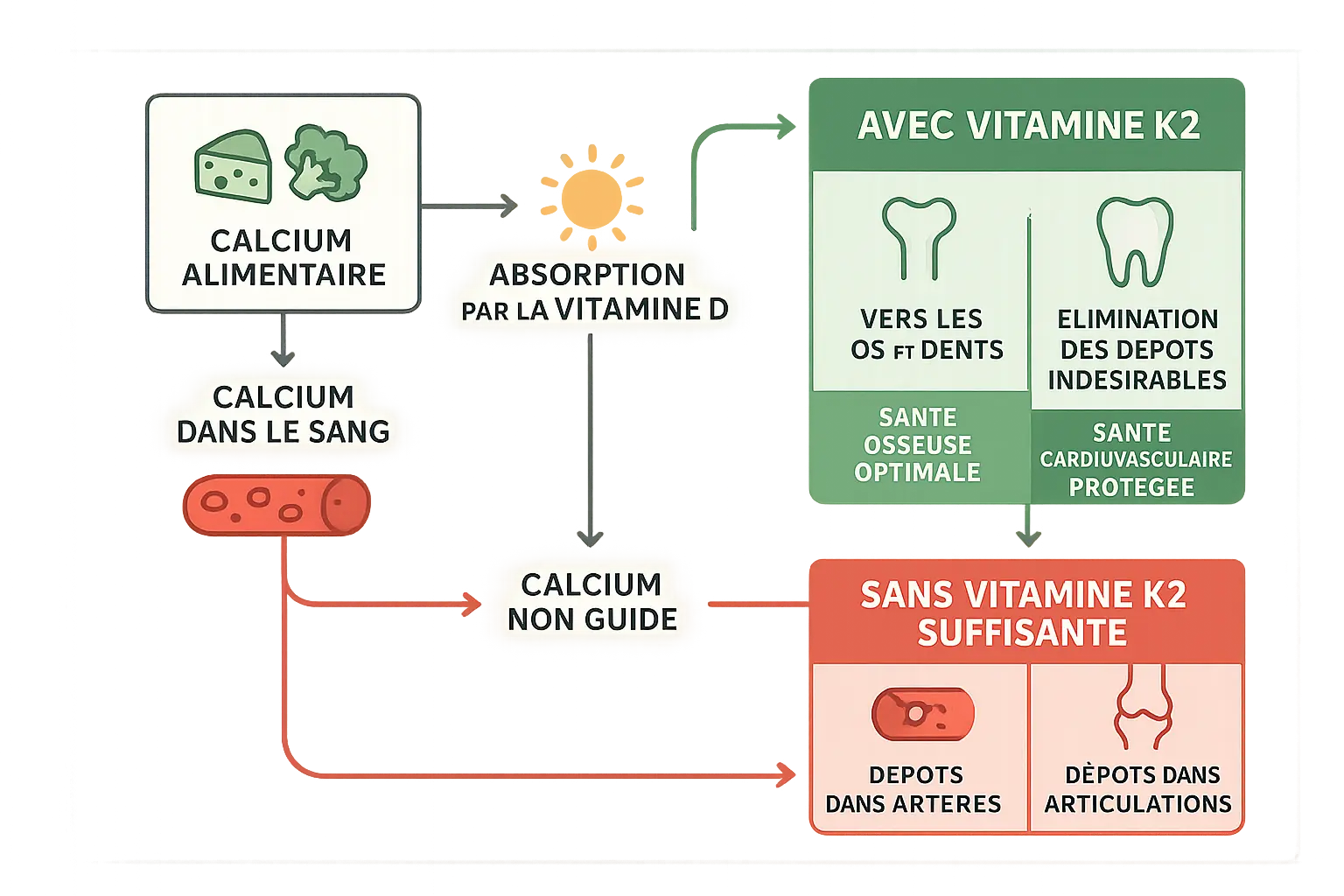 Schéma de l'action de la vitamine K2 sur le calcium
