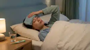 Femme au lit avec compresse froide sur le front, un thermomètre et un verre d'eau sur la table de chevet, suggérant la fièvre.