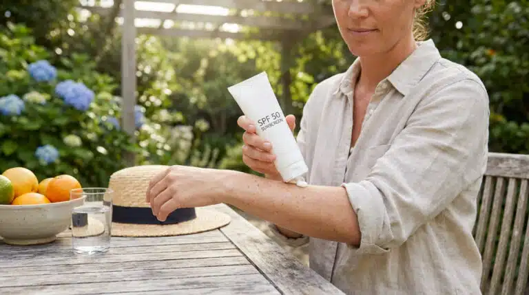 Tache de soleil : une femme applique de la crème solaire SPF 50 sur son bras à l'extérieur. Sur la table : bol de fruits, verre d'eau, chapeau de paille.