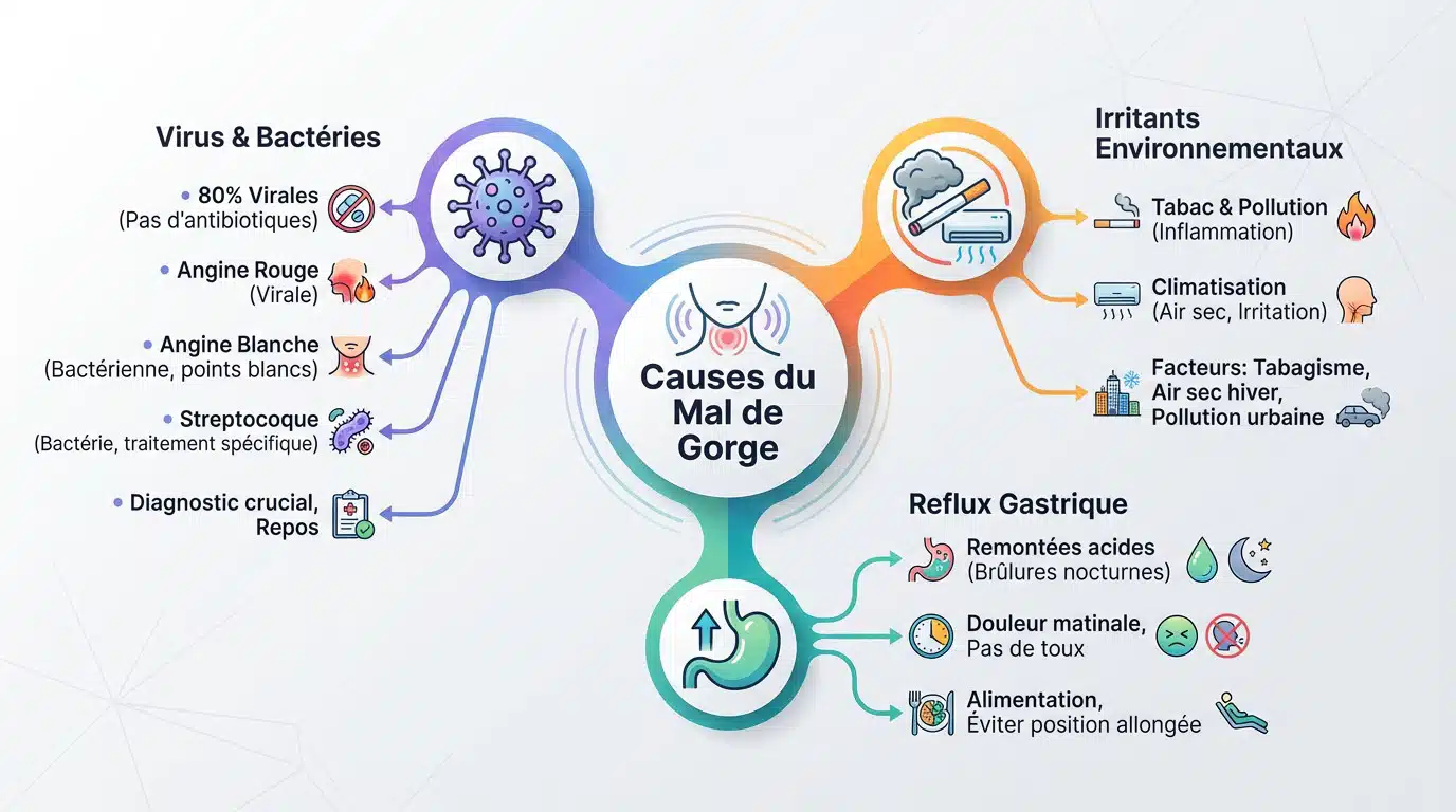 Infographie détaillant les causes virales, bactériennes et environnementales du mal de gorge