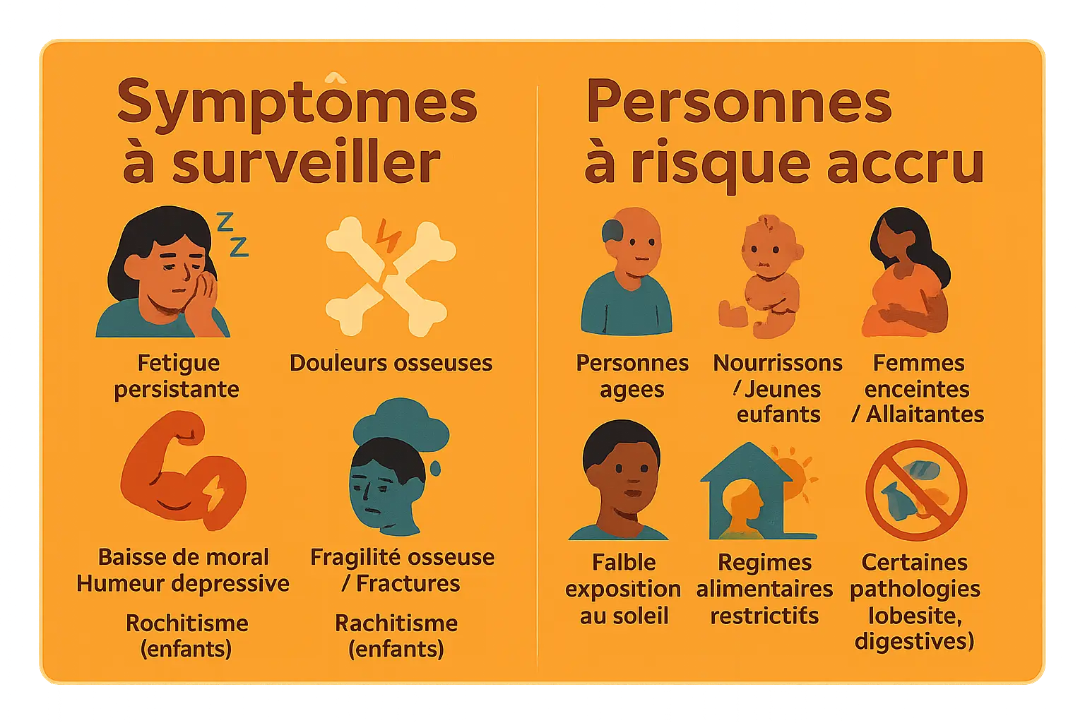 Représentation visuelle des symptômes de carence en vitamine D