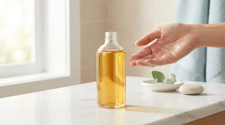 Une main avec de l'huile de bain mousseuse à côté d'une bouteille transparente d'huile dorée sur un comptoir de marbre.