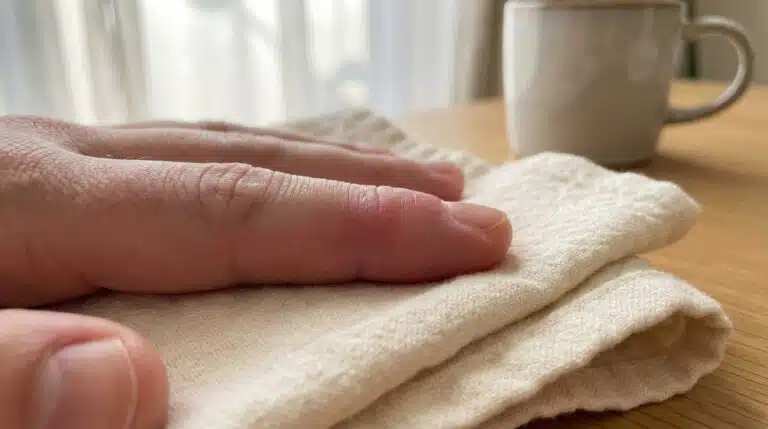 Gros plan sur un doigt enflé et rouge, probablement un panari, reposant sur une serviette claire. Une tasse blanche floue en arrière-plan.