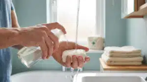 Pourquoi utiliser un savon antiseptique pour votre peau ? Des mains tiennent un pain de savon sous un filet d'eau et y ajoutent du savon liquide depuis une bouteille-pompe, dans une salle de bain lumineuse.