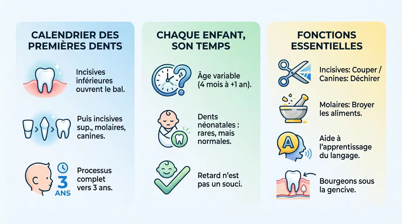 Schéma illustrant l'ordre d'apparition et les fonctions des premières dents de bébé : incisives, canines et molaires