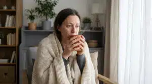 Femme emmitouflée dans une couverture, buvant une boisson chaude à la maison, l'air fatigué.