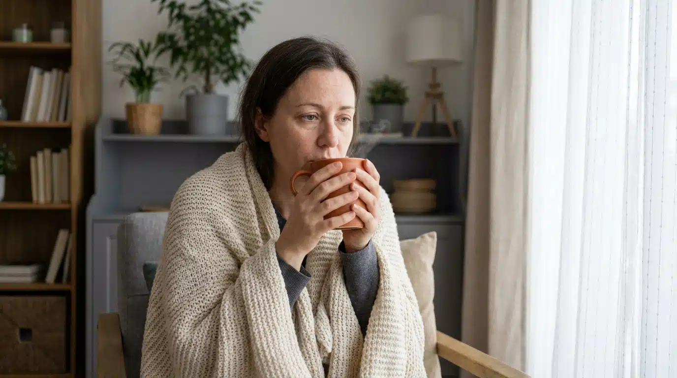 Femme emmitouflée dans une couverture, buvant une boisson chaude à la maison, l'air fatigué.