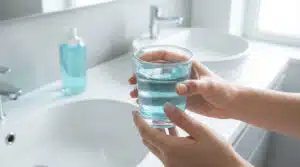 Mains tenant un verre de bain de bouche bleu clair au-dessus d'un lavabo blanc. Une bouteille de bain de bouche est en arrière-plan.