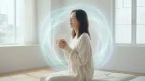 Femme asiatique sereine, yeux clos, tenant une tasse fumante. Une aura lumineuse et colorée l'entoure, symbolisant bien-être.