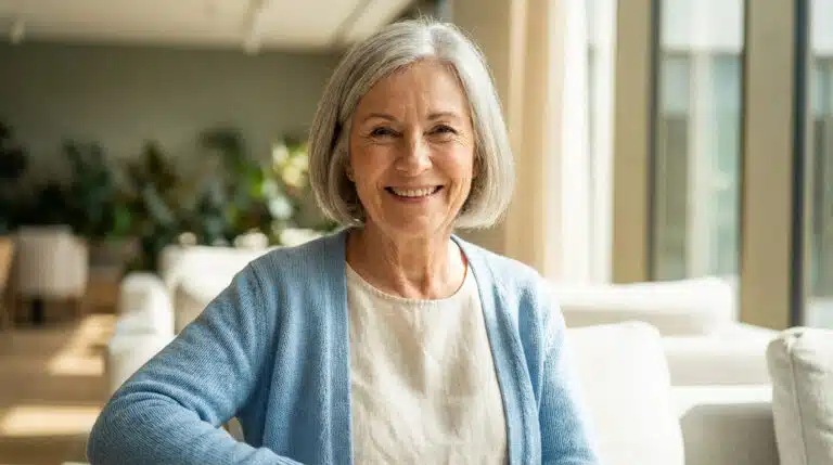 Portrait d'une femme aux cheveux gris souriante, portant un gilet bleu et un haut clair, dans un salon lumineux.