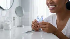 Blanchiment dentaire : femme utilise un kit LED