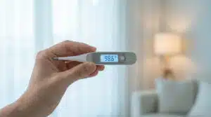 Main tenant un thermomètre digital blanc affichant 98.6°F. Arrière-plan flou d'un intérieur lumineux et serein.