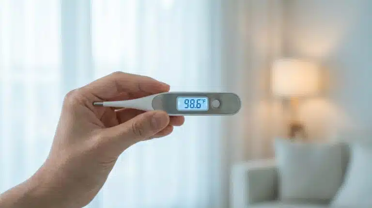 Main tenant un thermomètre digital blanc affichant 98.6°F. Arrière-plan flou d'un intérieur lumineux et serein.