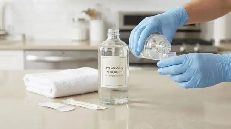 Personne manipulant du peroxyde hydrogène avec protection en laboratoire