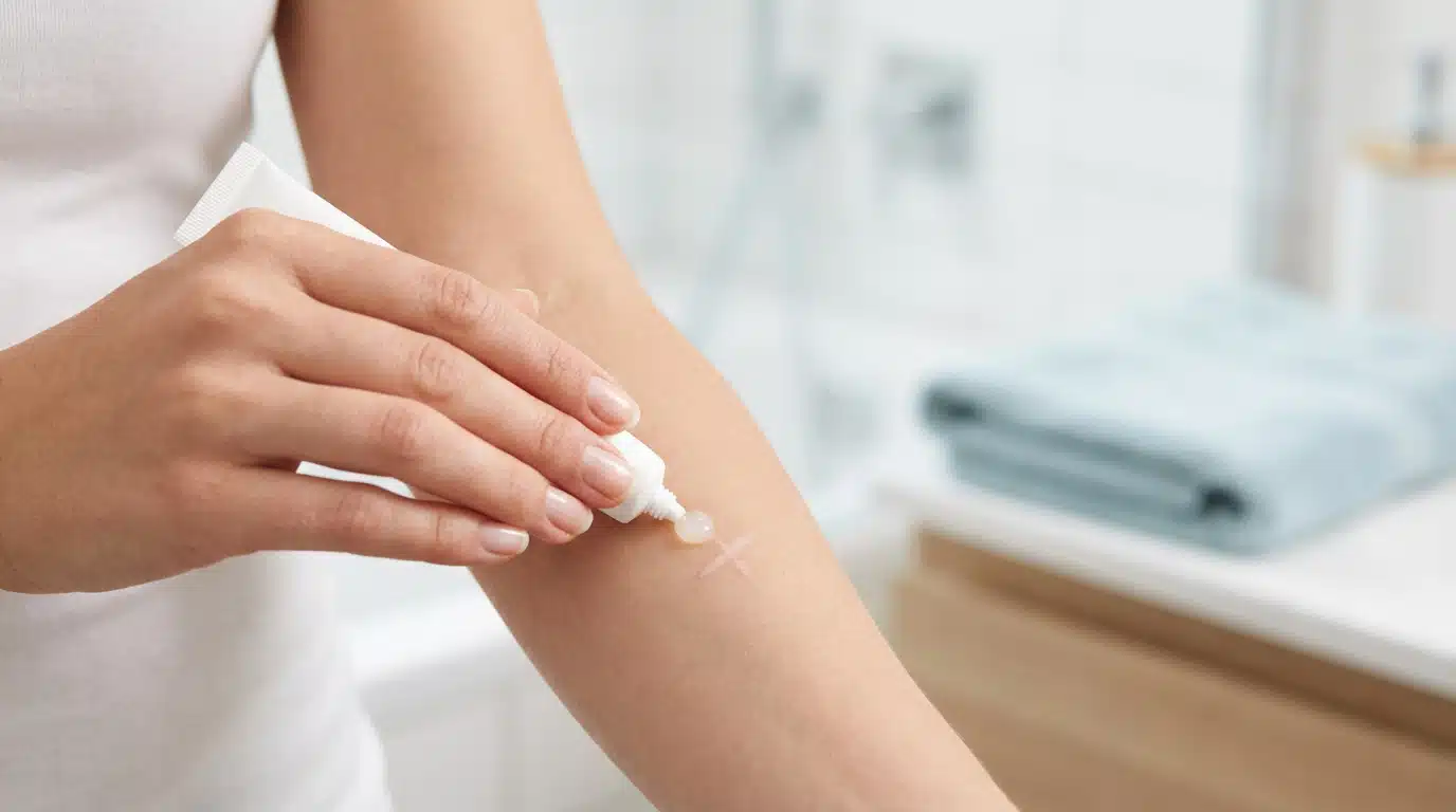 Gros plan sur une main appliquant un gel ou une pommade d'un tube blanc sur une cicatrice en forme de croix sur l'avant-bras.