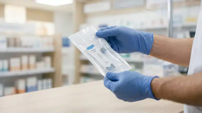 Test salivaire en pharmacie avec kit discret posé sur une surface blanche