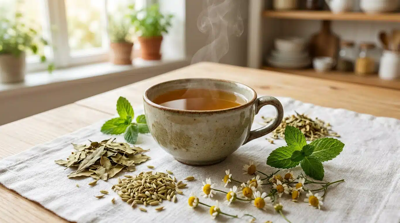 Tisane contre la constipation avec herbes digestives fraîches dans une tasse en verre