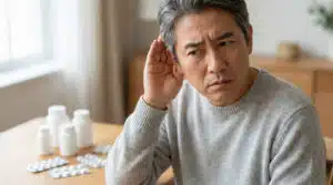 Acouphène médicament à éviter : homme âgé portant la main à son oreille