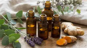 Bouteilles d'huile essentielle anti inflammatoire posées sur une surface en bois avec des plantes médicinales en arrière-plan