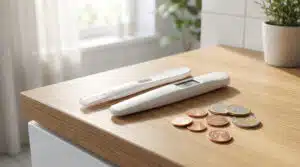 Tests de grossesse posés à côté de plusieurs pièces de monnaie illustrant le prix test grossesse