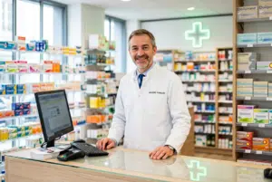 Pharmacien d'officine en blouse au comptoir d'une pharmacie, illustration du salaire en officine