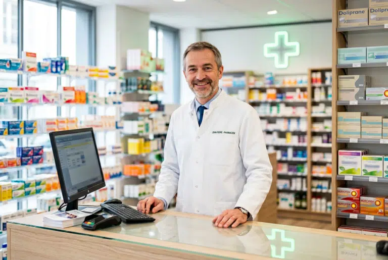 Pharmacien d'officine en blouse au comptoir d'une pharmacie, illustration du salaire en officine