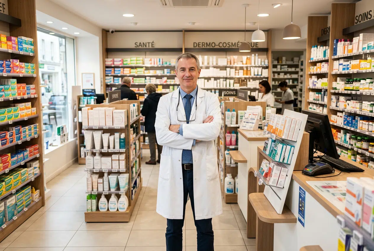 Rémunération du pharmacien titulaire d'officine Pharmacien titulaire debout dans son officine parmi les rayonnages de médicaments