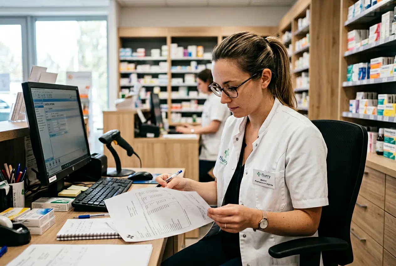 Grille de salaire du pharmacien adjoint Pharmacienne adjointe examinant un document de rémunération dans une officine
