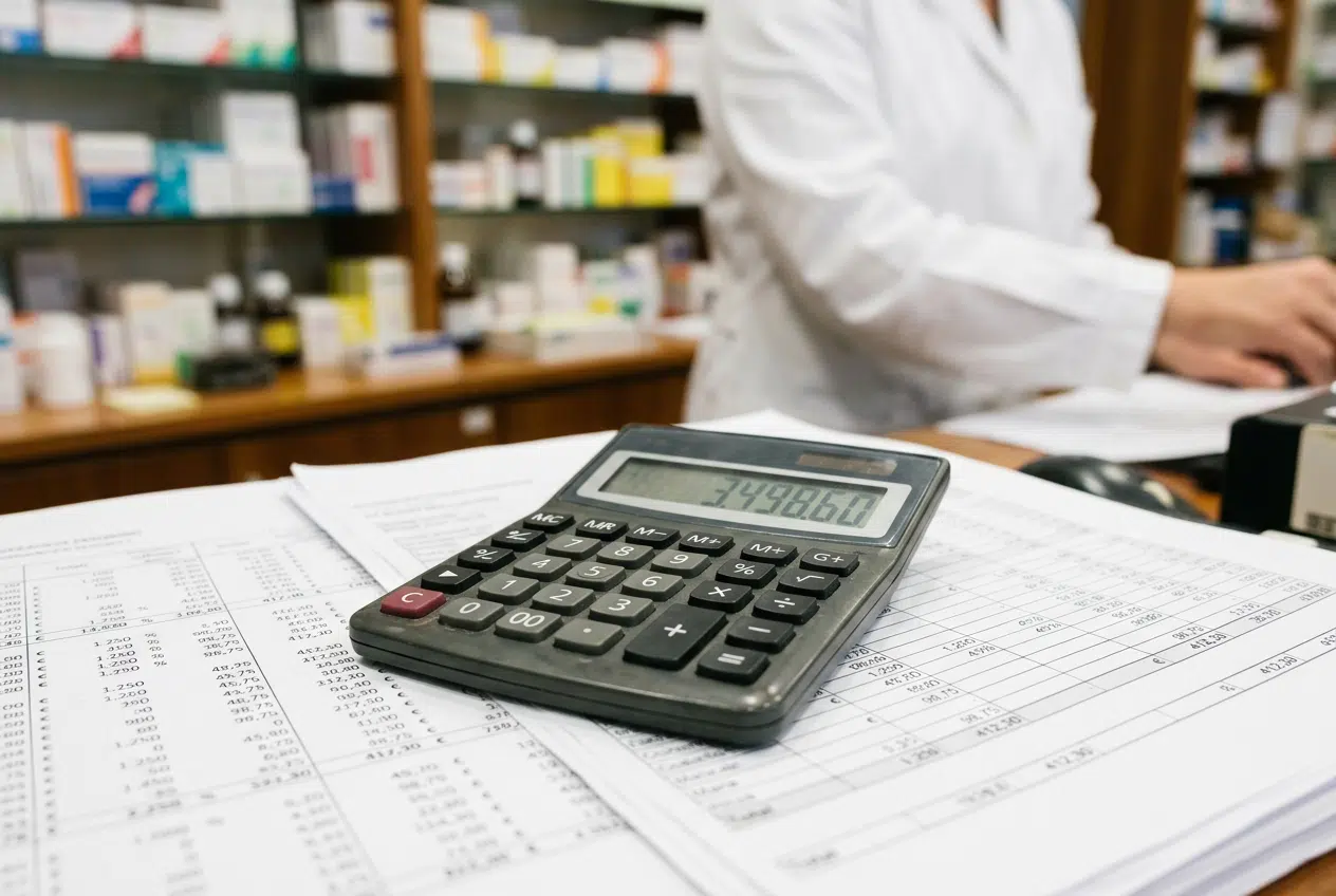 Choisir entre adjoint et titulaire en officine Calculatrice et documents financiers posés sur un comptoir de pharmacie