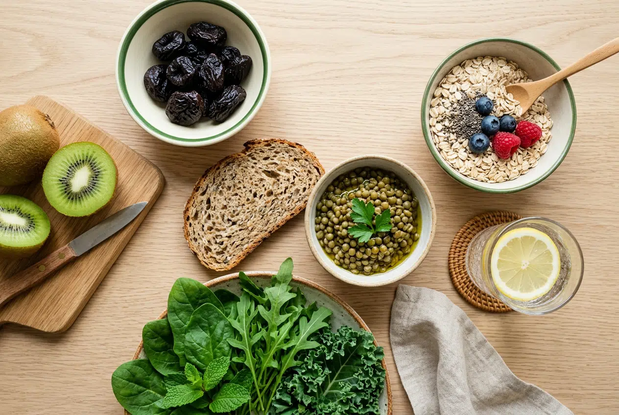 Rééduquer son transit avec une alimentation riche en fibres Aliments riches en fibres pour un transit naturel : pruneaux, kiwis, céréales complètes