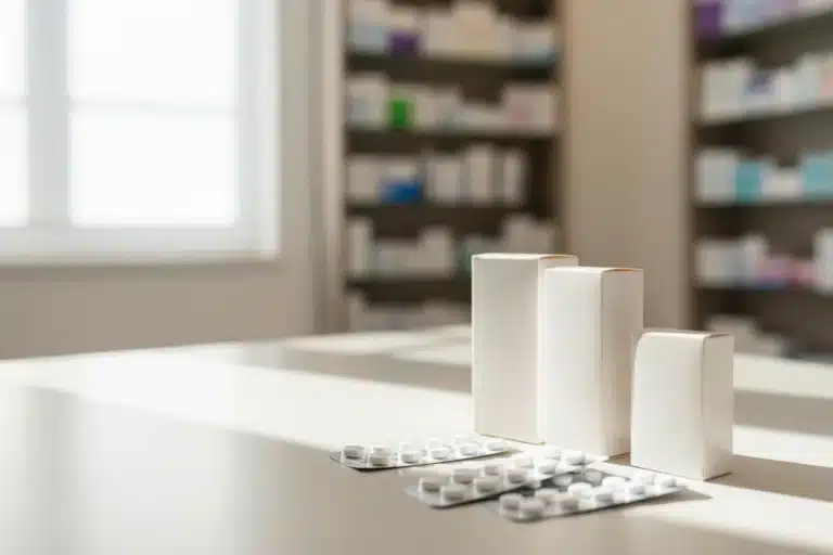 Antalgiques en boîtes et plaquettes posés sur le comptoir d'une pharmacie
