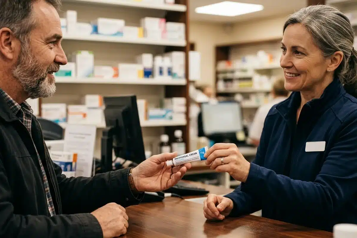 Conseil antifongique en pharmacie Pharmacien remettant un tube de crème antifongique à un patient au comptoir de la pharmacie