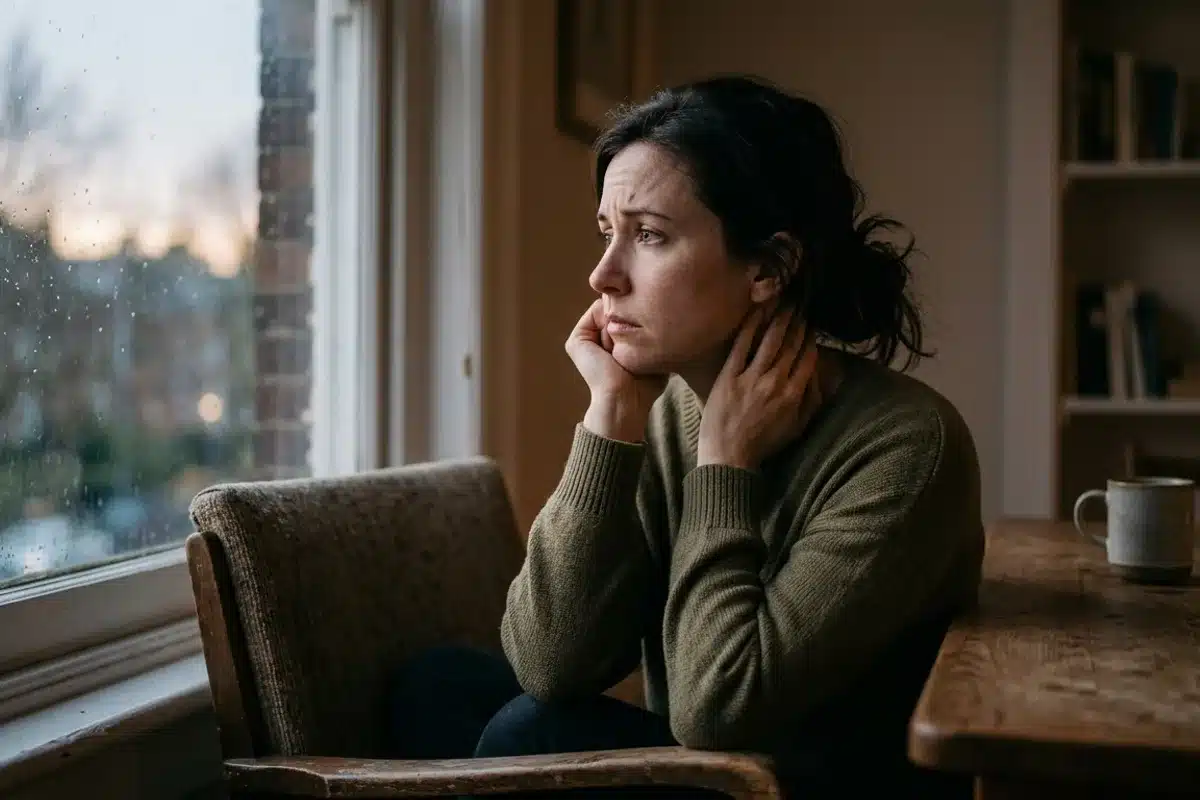 Anxiete : une inquietude persistante Femme pensive a la fenetre, illustrant une inquietude anxieuse persistante