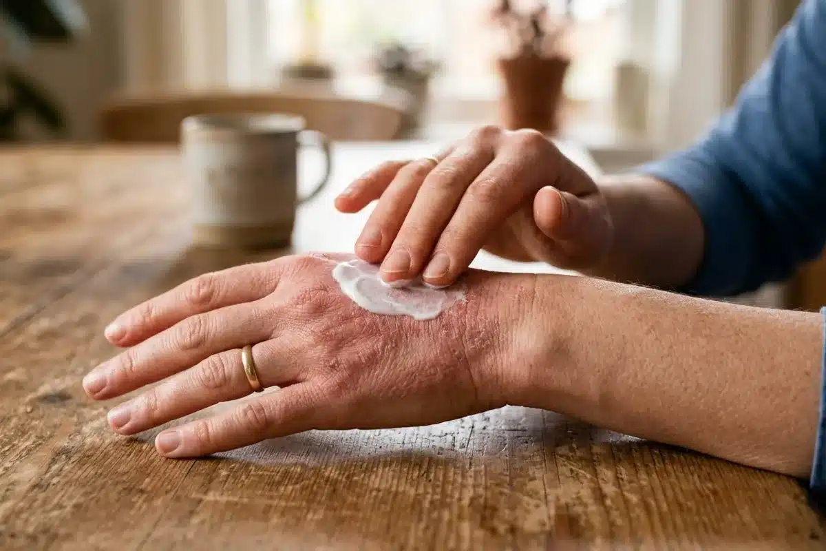Application d'émollient sur des mains avec eczéma Application d'une crème émolliente sur le dos d'une main rouge et sèche atteinte d'eczéma