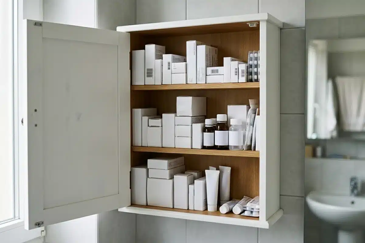 Armoire à pharmacie familiale Armoire à pharmacie familiale ouverte avec des boîtes de médicaments rangées