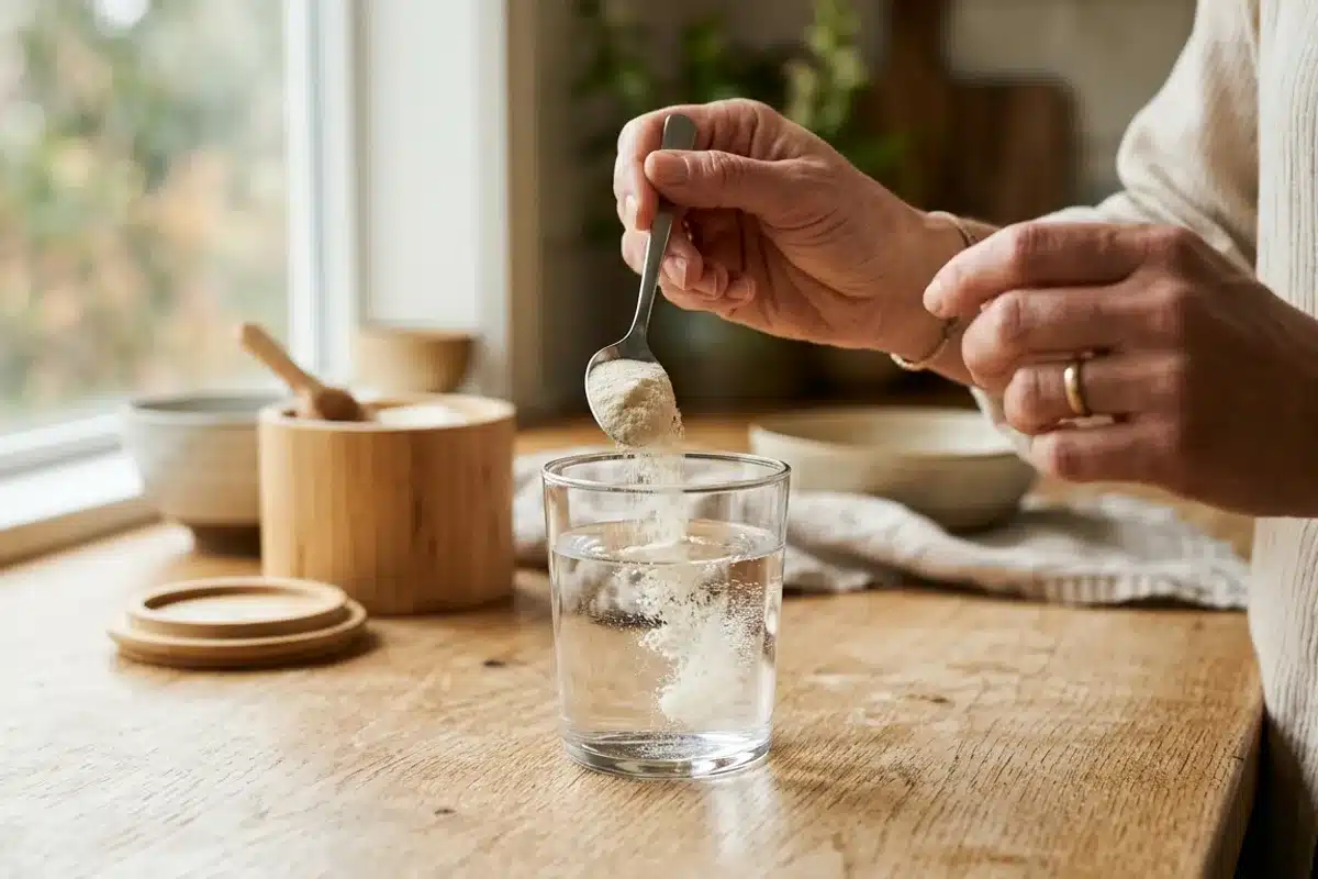 Preparer une dose de collagene en poudre Mains versant une cuillere de poudre de collagene dans un verre d eau