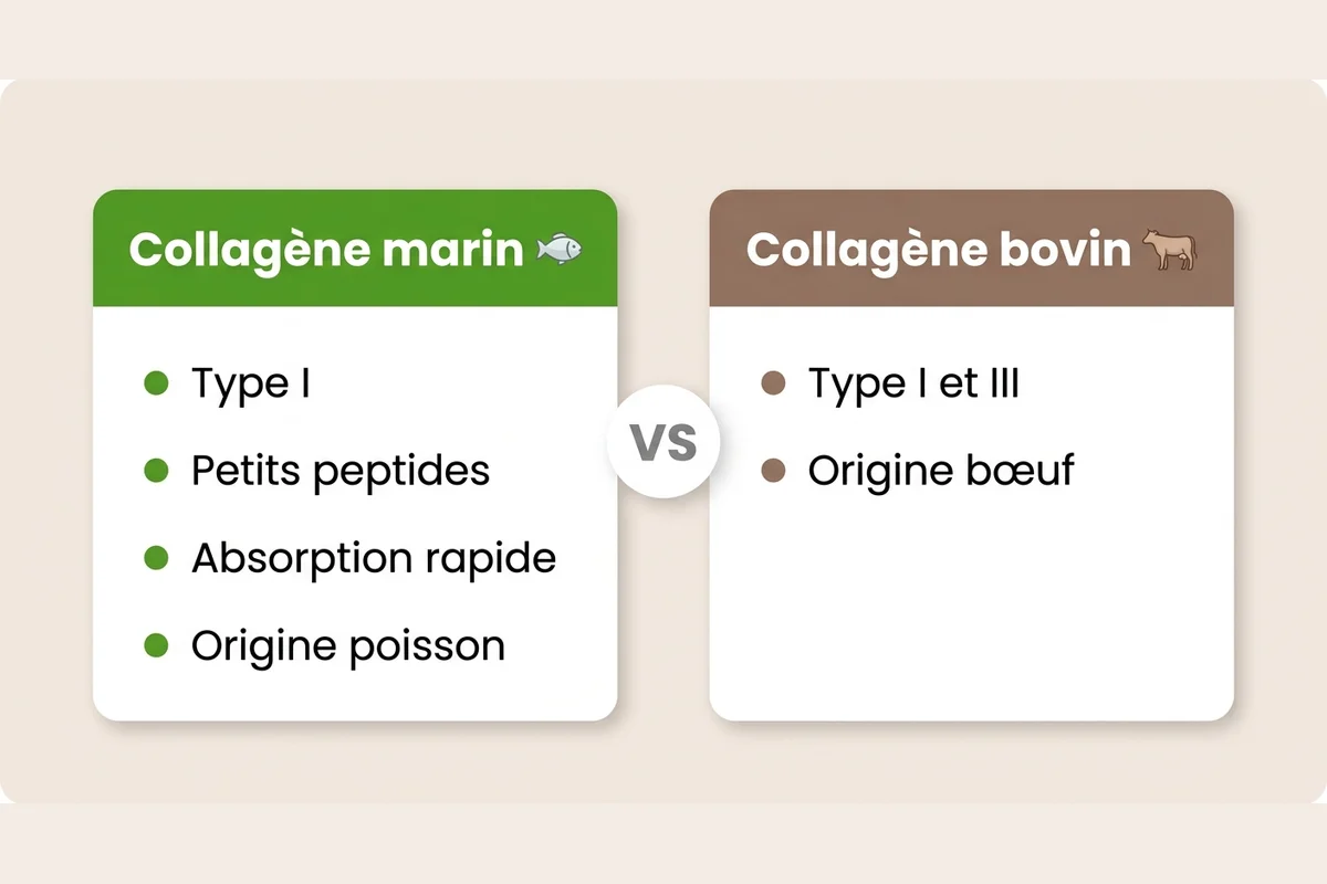 Collagene marin ou bovin : comparaison Schema comparatif du collagene marin et du collagene bovin : types, peptides, origine