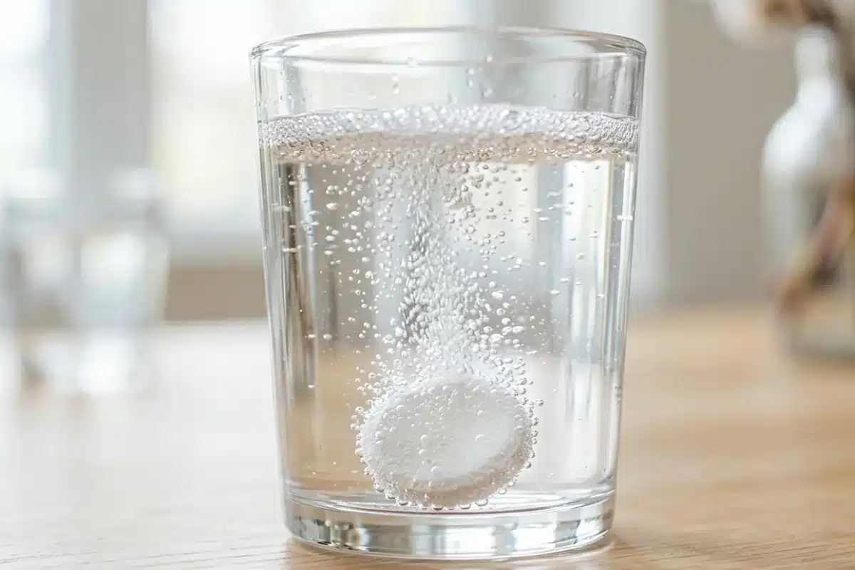 Cure de vitamine C Comprime effervescent de vitamine C se dissolvant dans un verre d eau