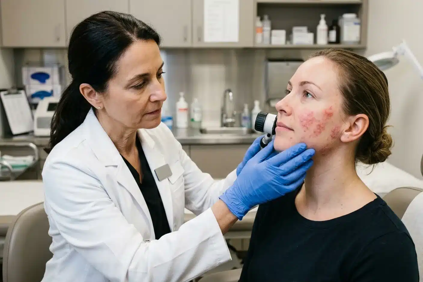 Consultation dermatologue eczéma du visage dermatologue examinant les plaques d'eczéma sur le visage d'un patient en consultation
