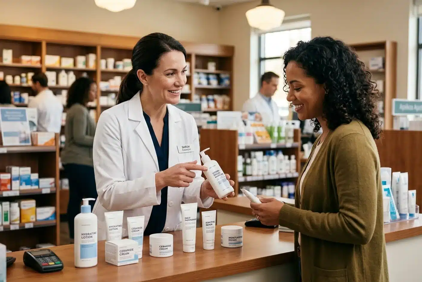 Conseils pharmacien pour le traitement de l'eczéma du visage pharmacien présentant des soins émollients pour peau atopique à un client en pharmacie