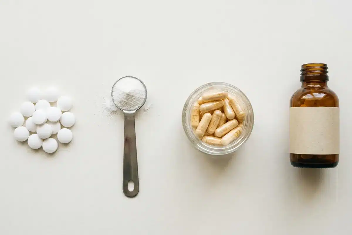 Les differentes formes de vitamine C Comprimes, poudre, gelules et flacon : differentes formes de vitamine C